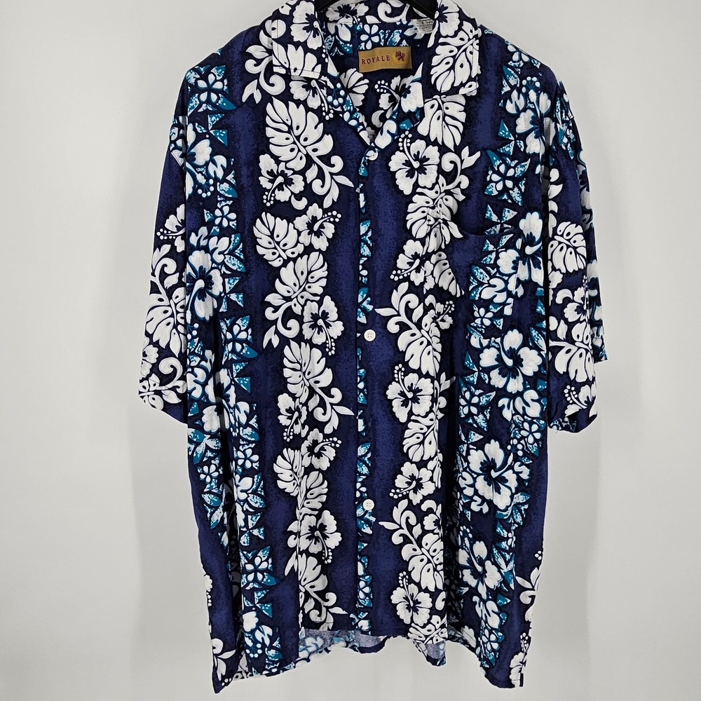 ROYALE Mens Blue White Tropical Hibiscus Floral Hawaiian Shirt XL Rayon